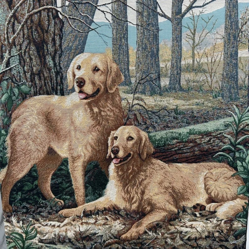 Linda Picken Tapestry Wall Hanging Golden Retriever Dog Forest 26x35 Cabin Decor